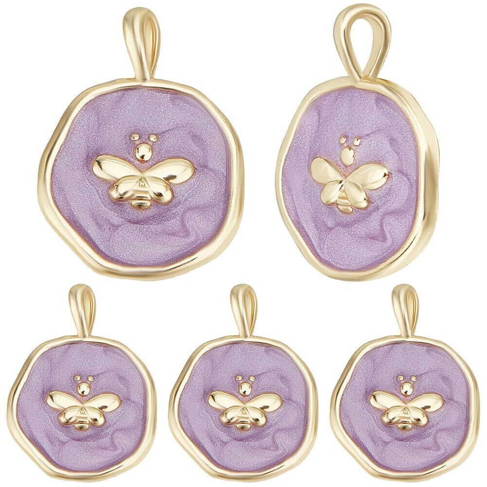 8140 10Pcs Enamel Bee Charms 18K Gold Plated Lilac Purple Flat Round Bee